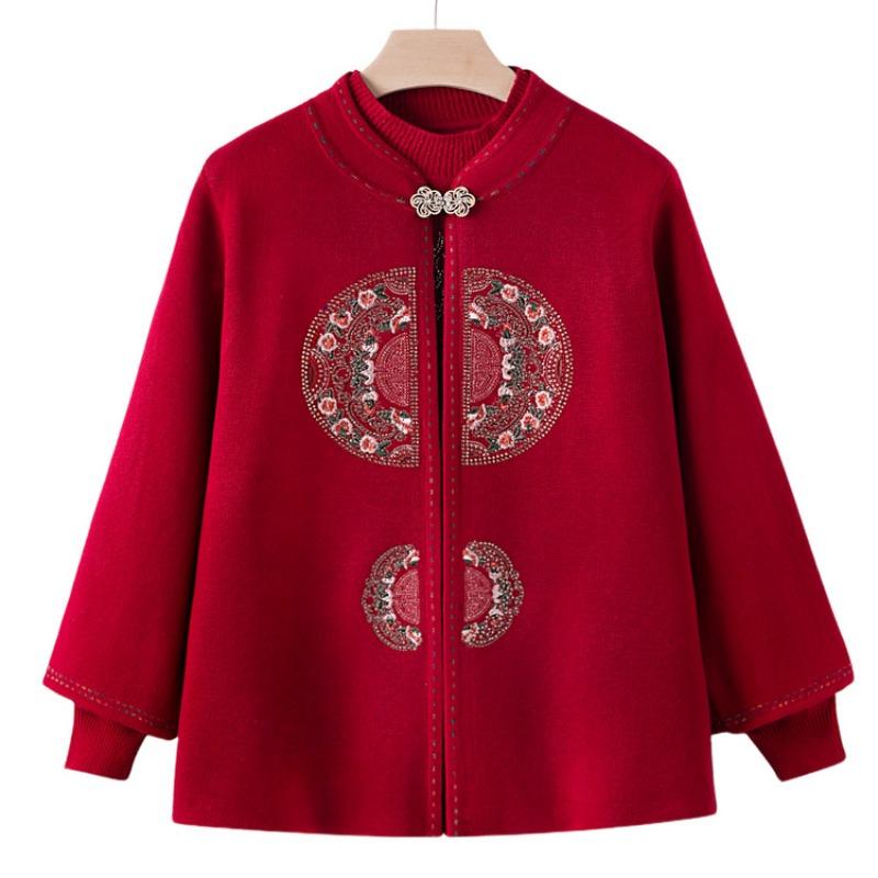 New Mother Outfit Autumn Knitted Sweater Set Old Man Embroidered Coat Grandma Sweater Tang Suit Two-piece Set