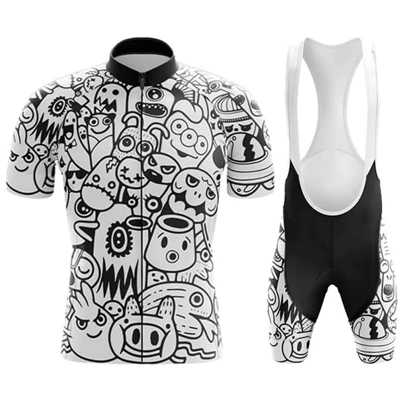 2026 Team Cycling Jersey Set Short Sleeve Cartoon Bicycle Clothing Men Black MTB Maillot Ciclismo Bike Racing Bib Shorts Set