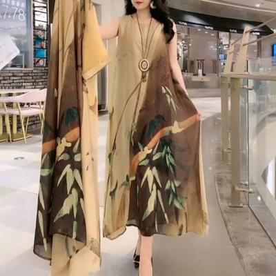 2Pcs/Set O-Neck Half Sleeve Loose Fit Dress Coat Suit Imitation Silk Middle Aged Mother Flower Print Vest Dress Cardigan Set Female Clothing