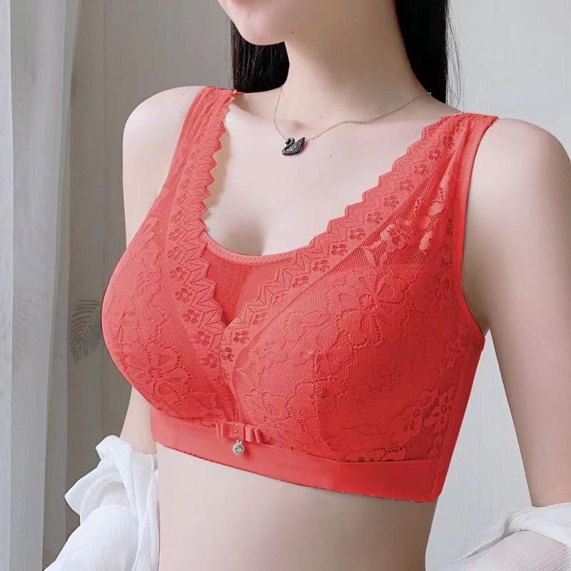 Wireless Lace Push-Up Bra Non-Wired, Large Size, Seamless, Comfortable Side Support, Floral Pattern, Contrast Lace Detail