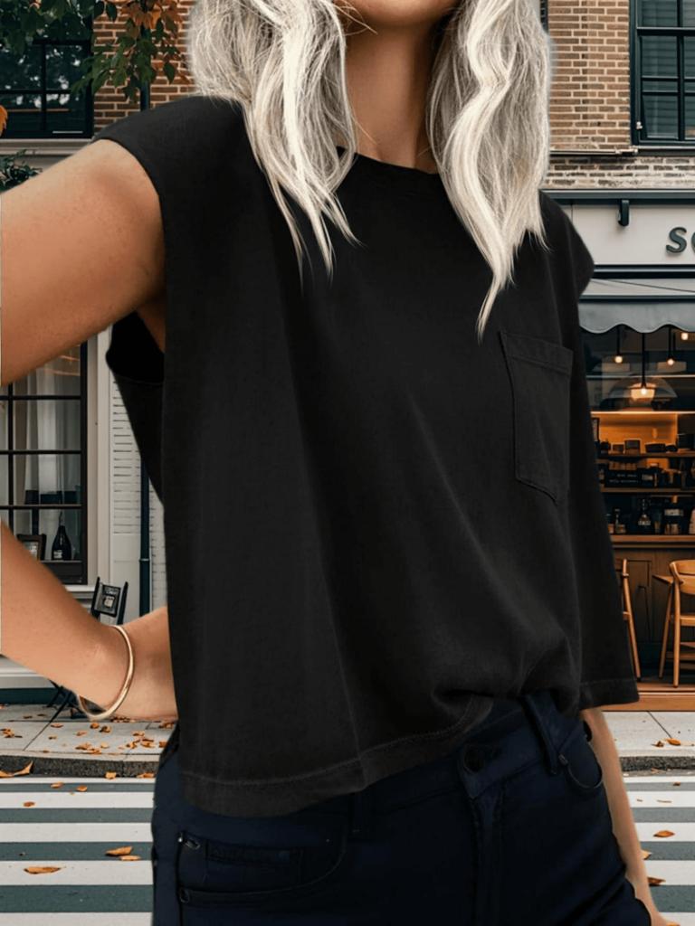 Women's Cap Sleeve Crop Tank Top Crew Neck Loose Fit Basic Vest with Pockets