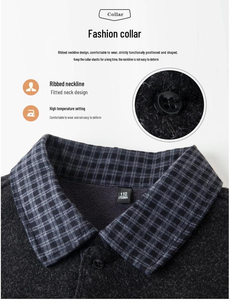 2025 Fall/Winter Men's Faux Two-Piece Sweater - Plus Velvet, Solid Color, Warm Knit Base Layer for Middle-Aged Dads