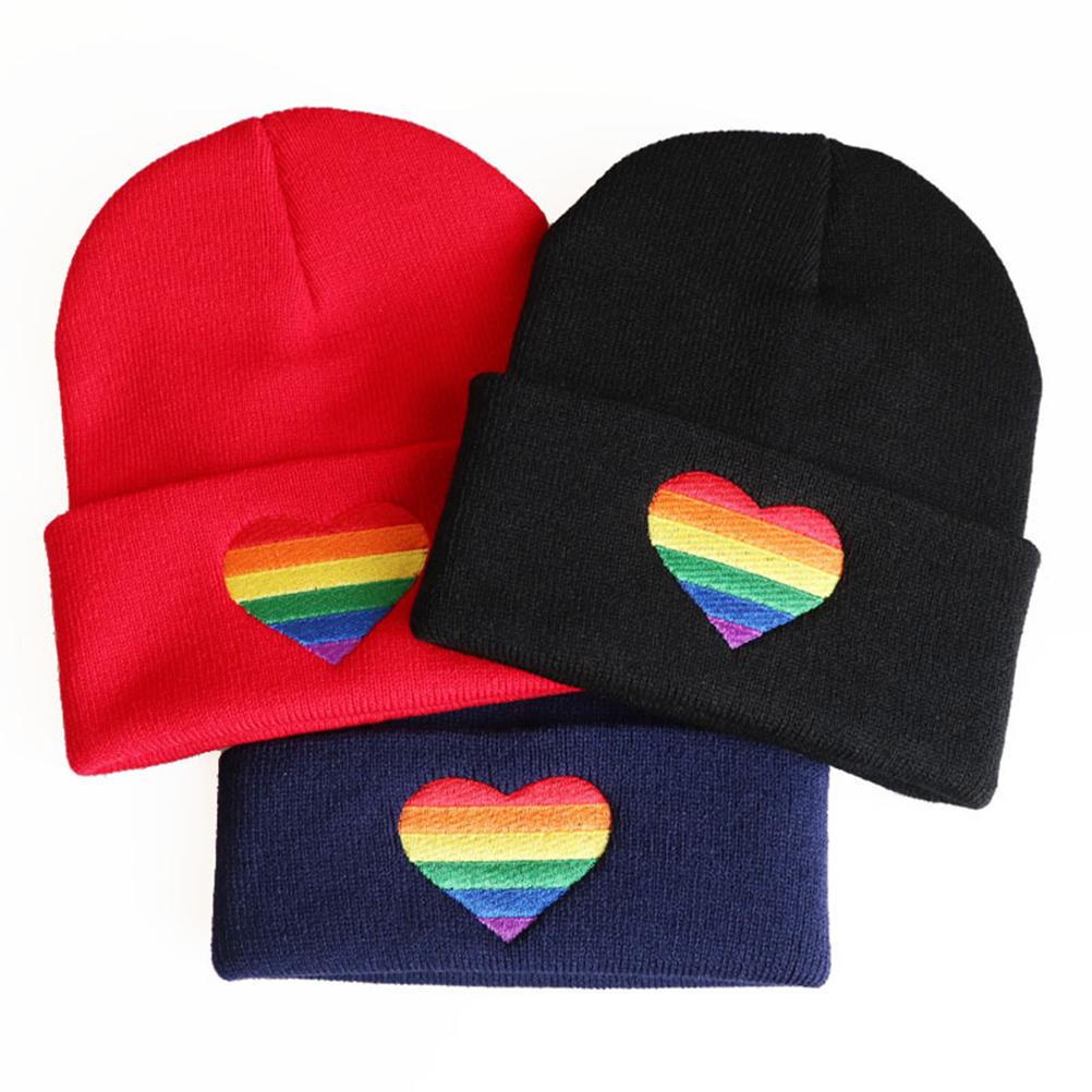 Unisex Regenbogen Herz Bestickte Strickmütze Liebe Strickmütze Hip Hop Mütze