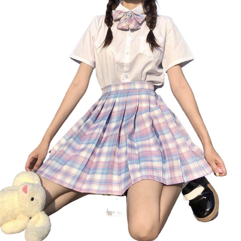 Authentic Glass Candy Plaid Skirt & Short Sleeve JK Uniform Set - Original Academy Style Midi for Elementary School