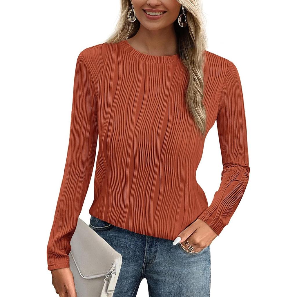 Women's Fashion Round Neck Long Sleeve T-Shirt Solid Color Textured Bottom Top