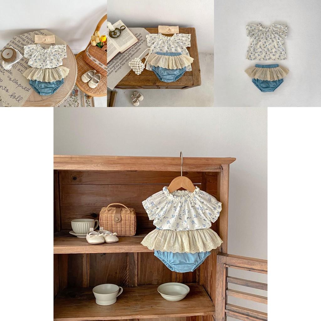 Charmantes 2024 Sommer Baby Mädchen Blumenmuster Kurzarm Bluse Und Rüschenshorts Outfit Set Für 1 Bis 3 Jahre