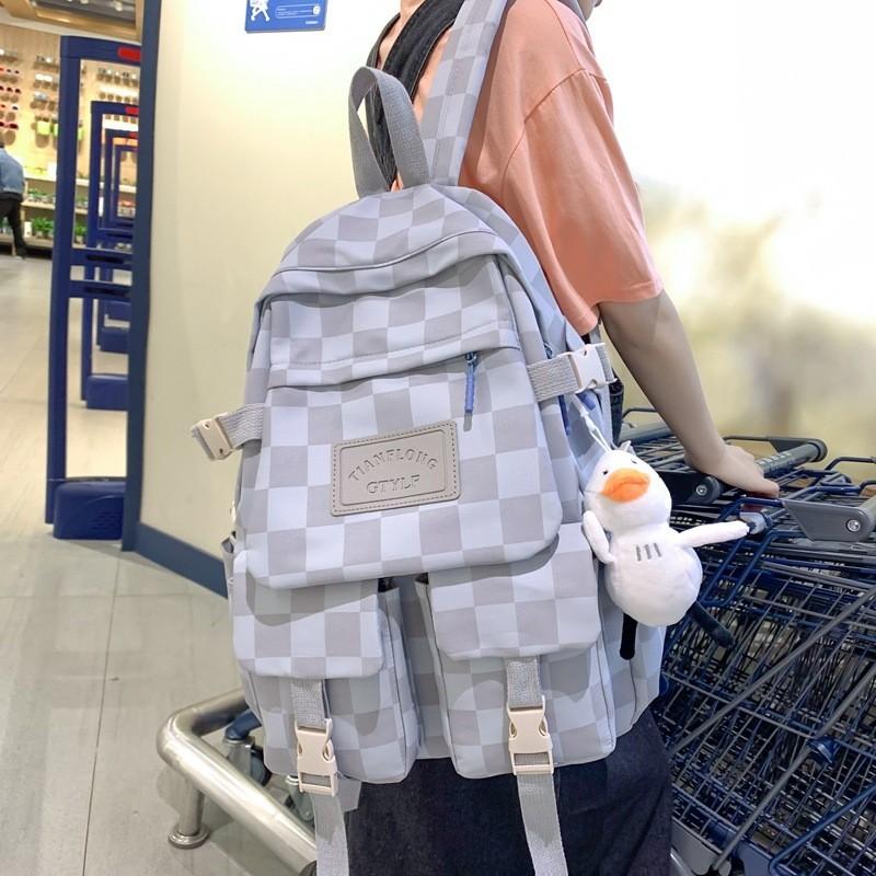 Academy Style Plaid Backpack For Women 2023 New Cross-border Middle School Student Bag Large Capacity Travel Double Shoulder Bag White