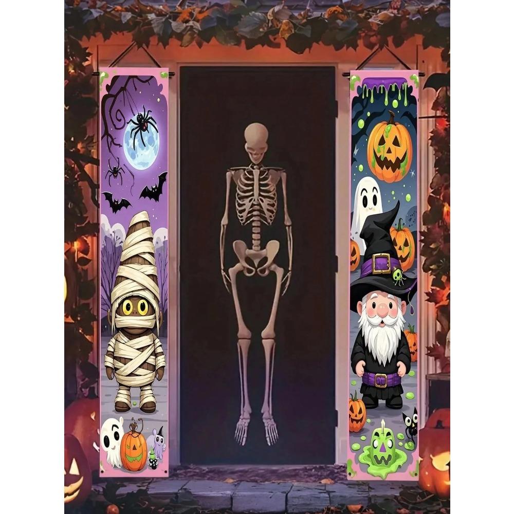 2pcs/Set Spooky Holiday Themed Porch Banner Cartoon Mummies Pumpkin Lanterns Ghosts Bats Spiders Plus Wizard Celebration Decorations