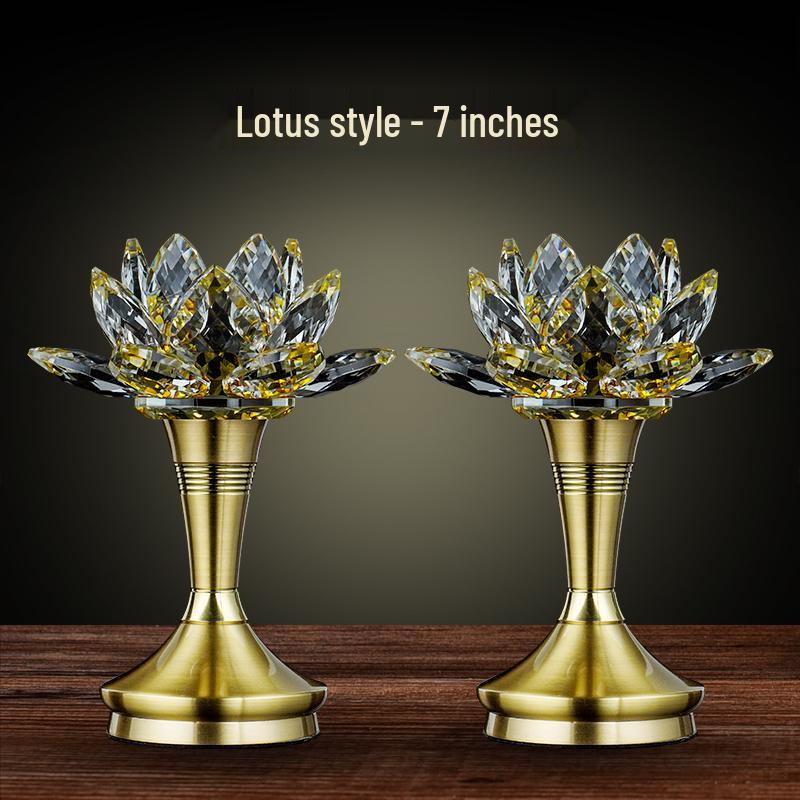 Copper LED Crystal Lotus Multi-Color Buddha Offering Lamp for Home Worship
