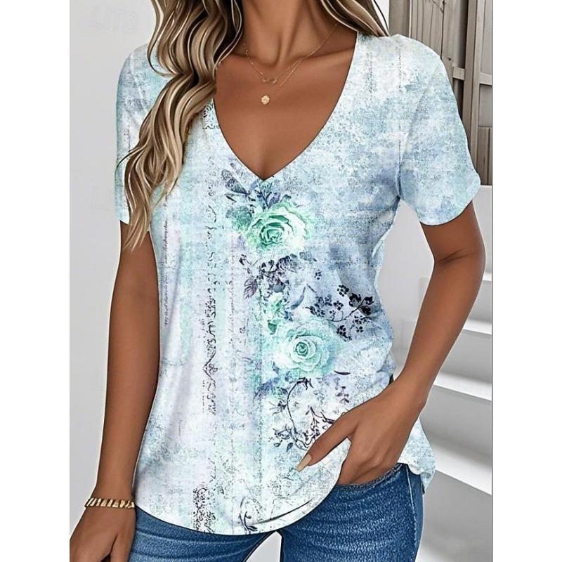 Women's T Shirt Print Floral Graphic Vintage Stylish Classic Short Sleeve V Neck Regular Tops Summer Spring
