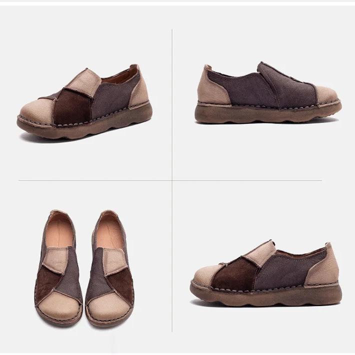 Johnature Retro Mixed Colors Soft Soled Flats Genuine Leather Comfortable Round Toe Women's Slip-on Shoes