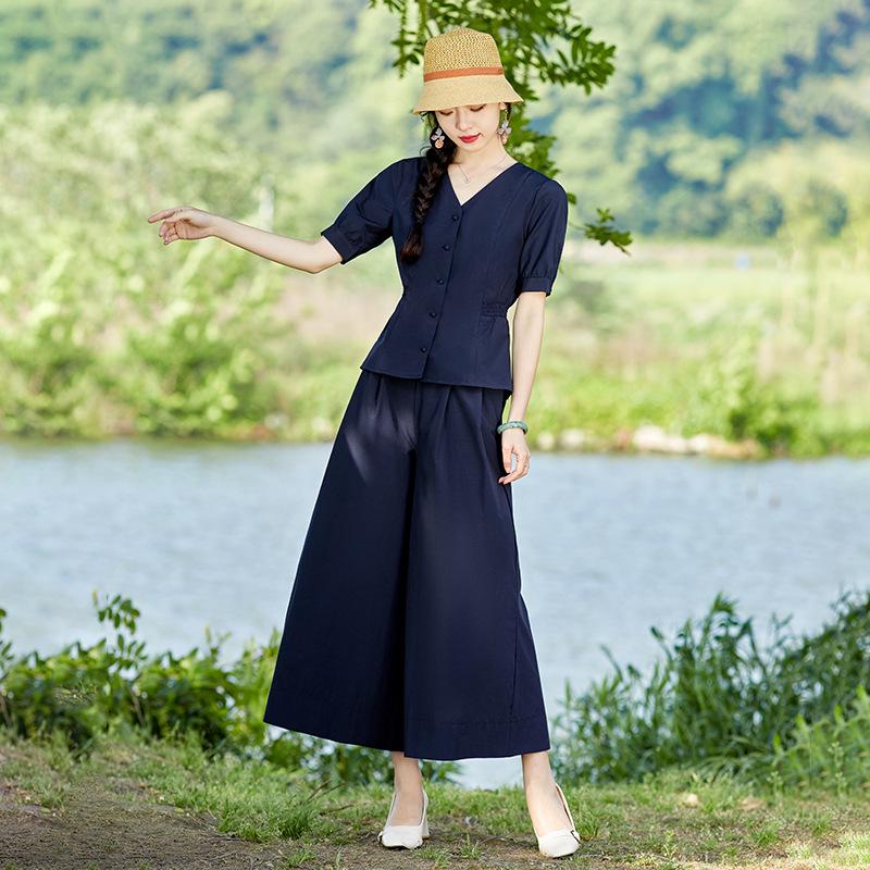 2023 Léto Nové Elastický Pas Široké Kalhoty Sukně s Halenkou Dvoudílný Set - Styl 9286