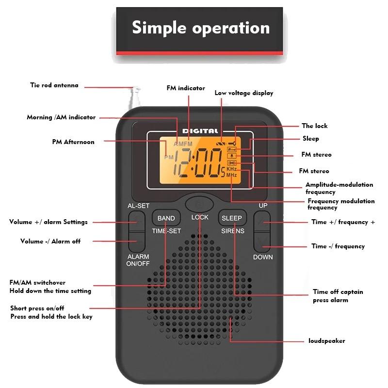 W-206 FM/AM Radio Portable Battery by 2 AA ,Stereo Earphone, LCD Display Digital Alarm Clock sleep,Morning/AM indicator