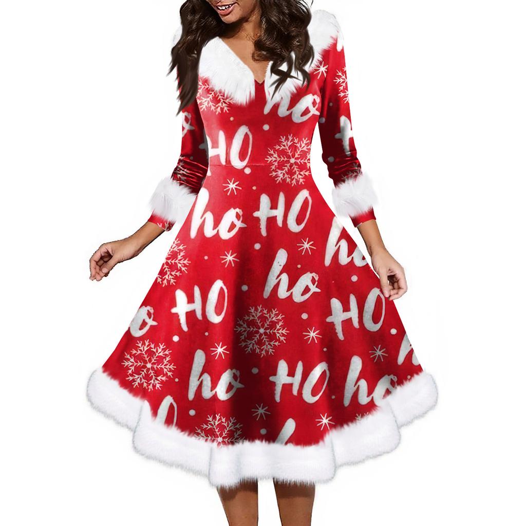 Women's Fashion V-neck Casual Fit Christmas Print Party Long Sleeve Dress