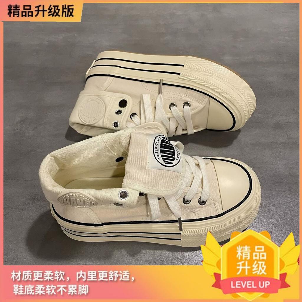 Thick-soled Versatile High-top Canvas Shoes for Women's 2025 Autumn New Breathable Board Shoes, Small Height-increasing Student White Shoes