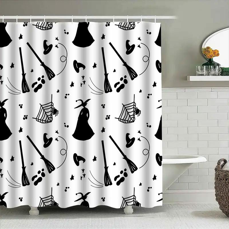 Halloween-Themed Shower Curtain With Witch Hat Broomsticks, Perfect For Spooky Bathroom Decor! Easy Installation, Washable Fabri