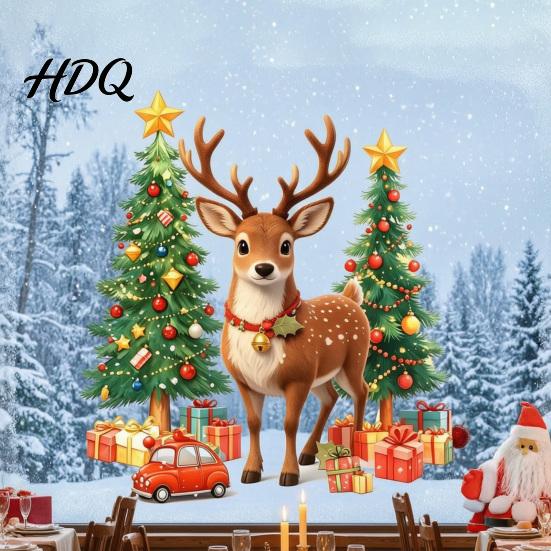 Elk Tree Glass Stickers 1/2 Sheets Christmas Reindeer Window Cling Car Gift Box Winter Decoration Sticker Static Sticker Waterproof Decal,