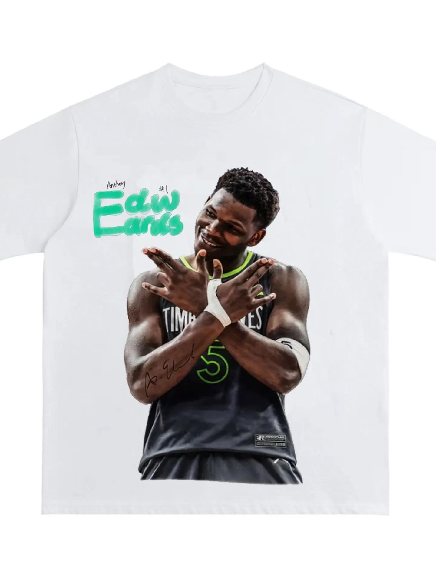 

Stylish White Cotton T-Shirt Featuring Anthony Edwards Minnesota Timberwolves Signature Celebration Pose and Graffiti-Style Women And Men T-shirts 4XL
