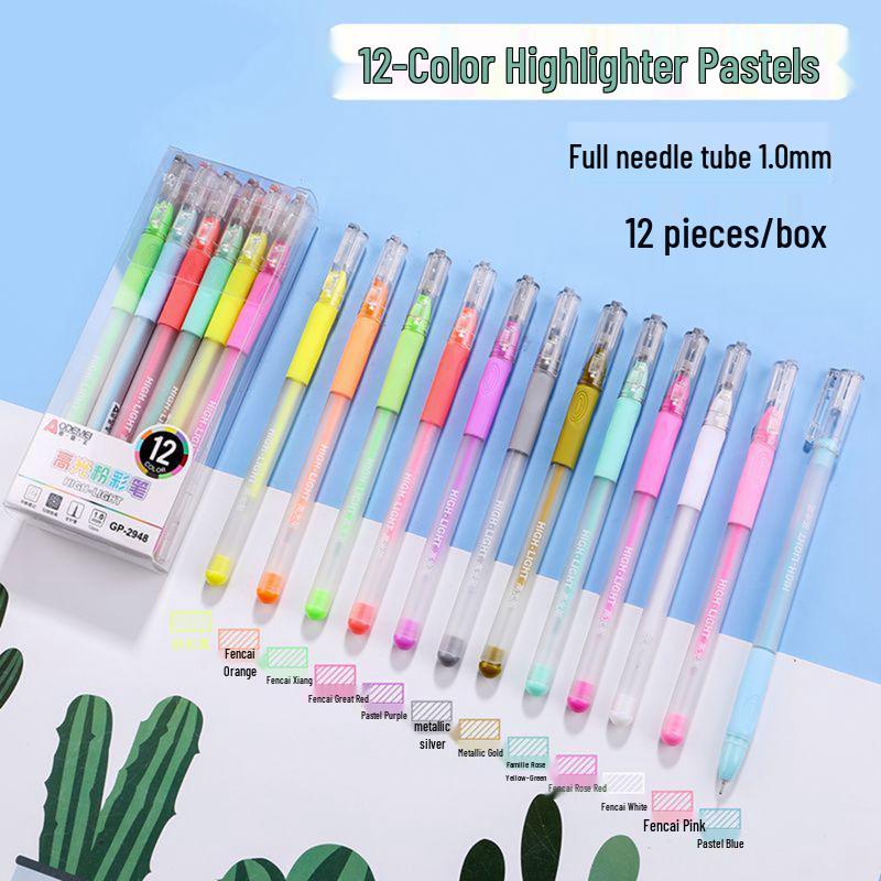 Oudemei 12-Color Pastel Highlighter Journal Pens, Watercolor & Outline for Drawing, Notes & Doodling, 1.0mm White Tip.