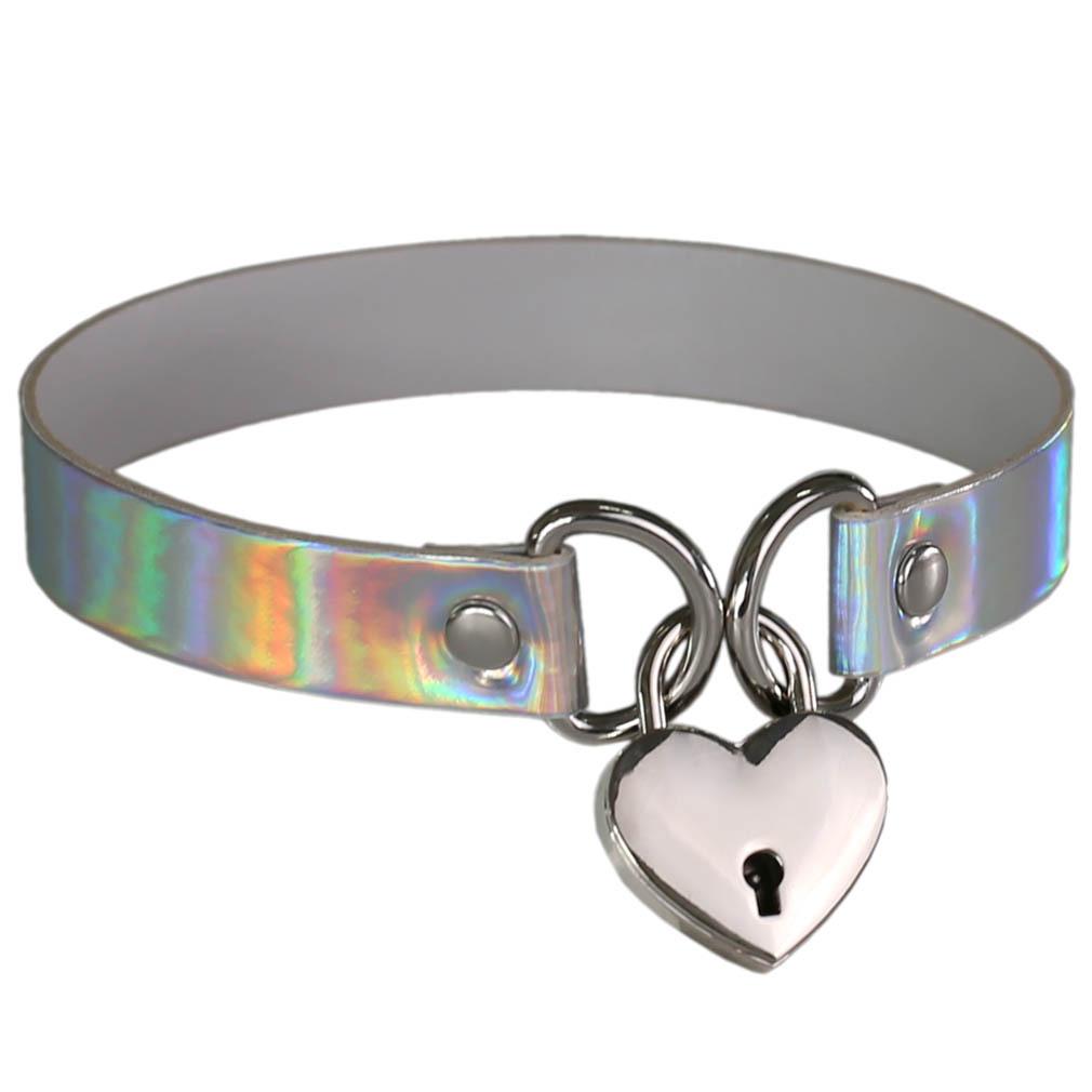Laser Glow Heart Lock Choker, Punk Luminous Concentric Heart Lock Neckband