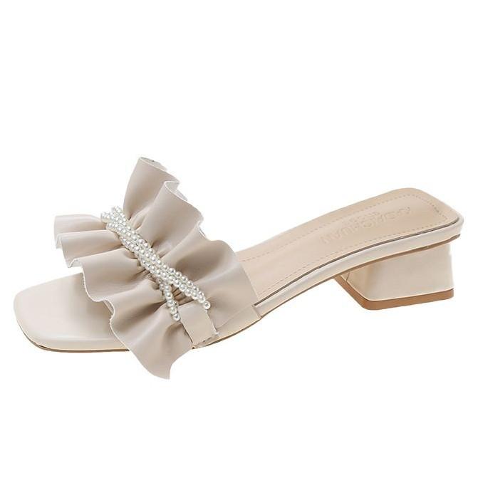 2025 Summer New Ruffle Leaf Edge Thick Heel Slippers Women's Outer Wear Medium Heel Open Toe One-word Fashion Cool Slippers