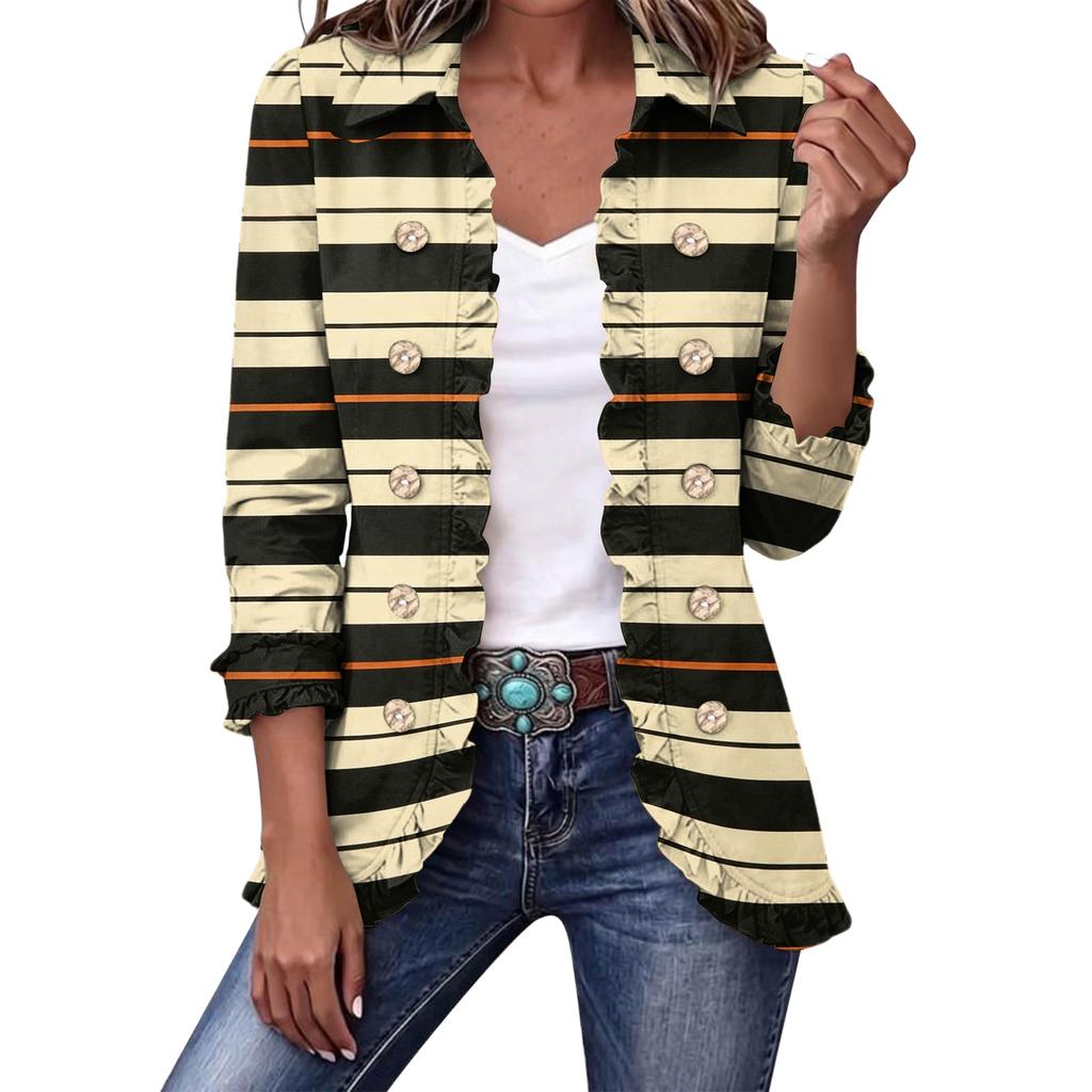 Women's Cropped Ruffle Hem Jacket with Lapel Collar and Double-Breasted Button Front
