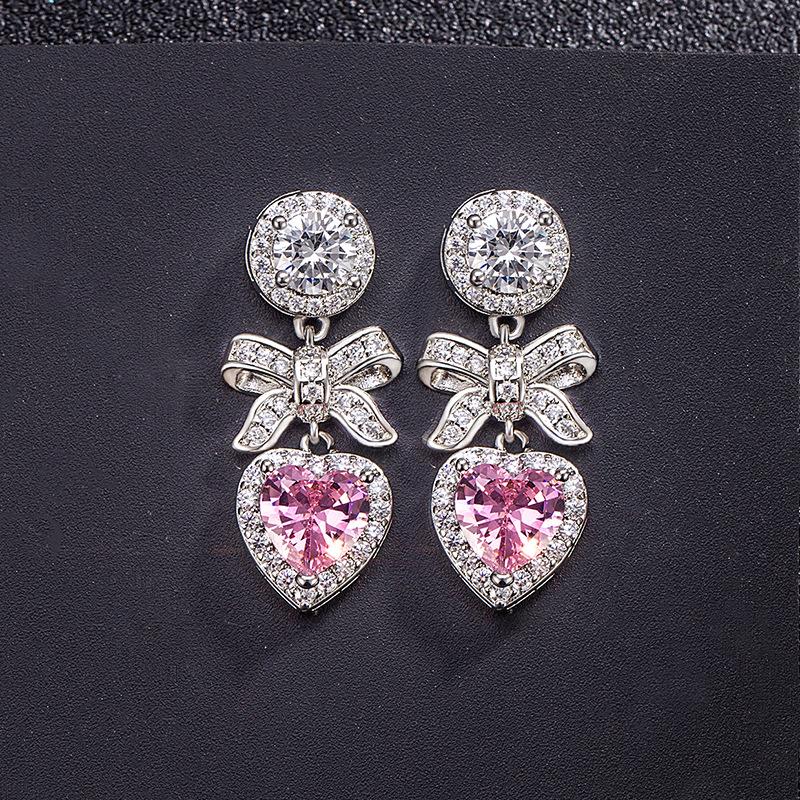 Princess Bow Earrings Sweet Heart Shaped Drop Dangle Light Luxury Elegant Cute Girl Jewelry