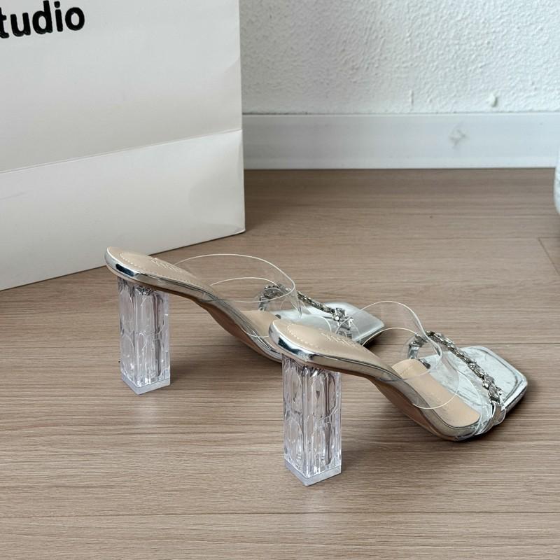 Transparent rhinestone high heels women's 2025 new thick heel wear versatile sexy temperament not tired feet open toe cool slippers