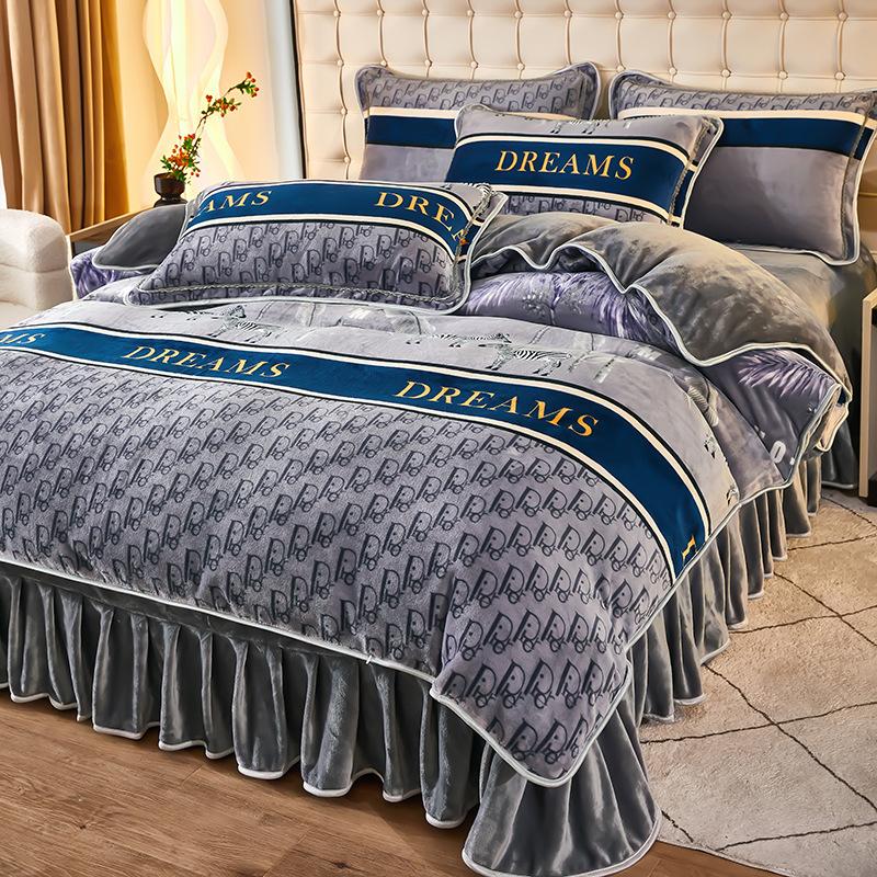 Thickened Milk Fleece Four-Piece Coral Fleece Quilt Cover, Bed Sheet Fleece Double-Sided Fleece Flannel Bedding, Bed Skirt