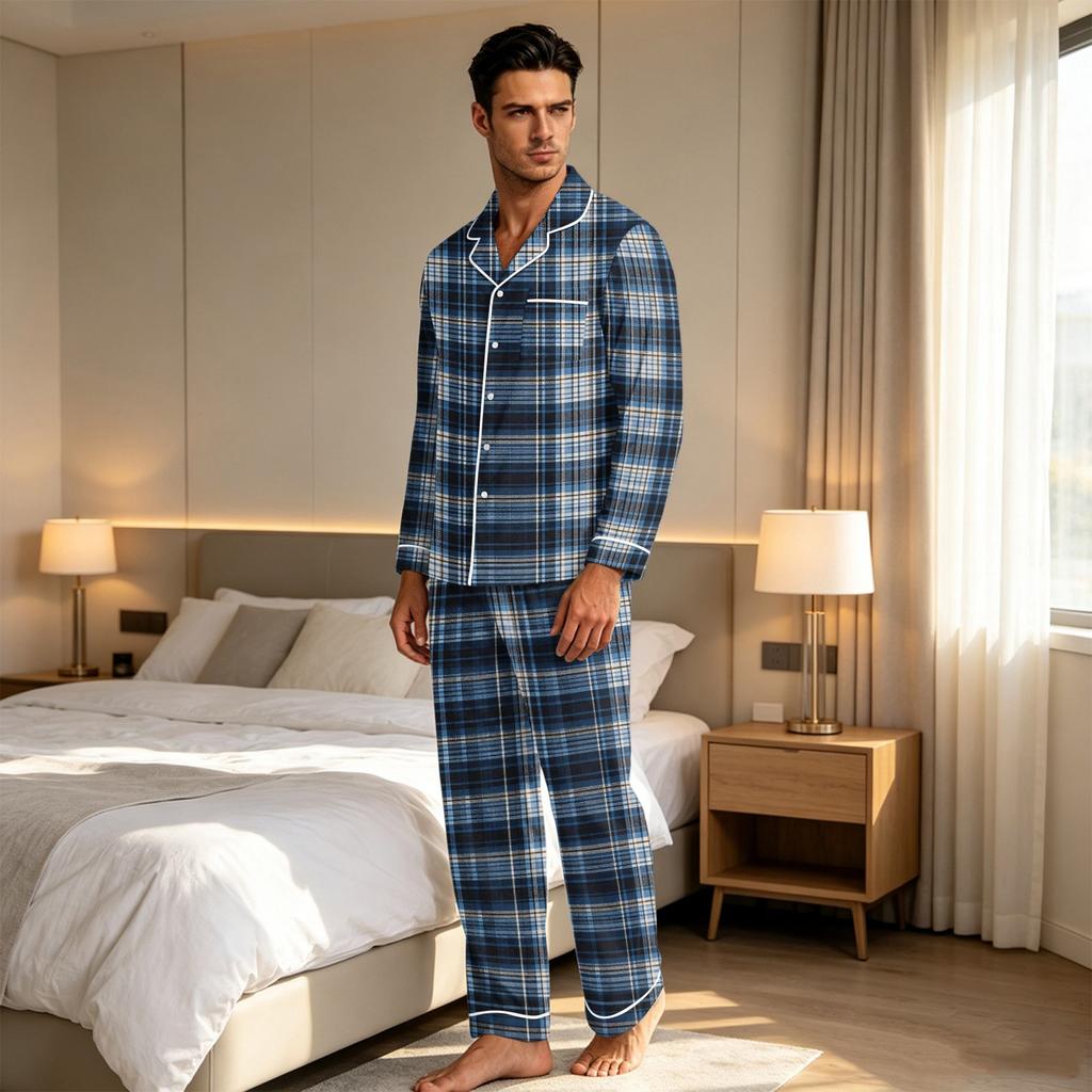 Herren-Karomuster-Pyjamaset mit Knopfleisten-Cardigan und gerader Hose - Entspannte zweiteilige Nachtwäsche für Herren