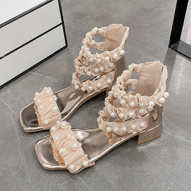 Mote Sandaler med middels hæl Sommer Ny Firkantet tå Snøring Perlebesatt Veske med Glidelås bak Sklisikre Slitesterke Firkantede hæler