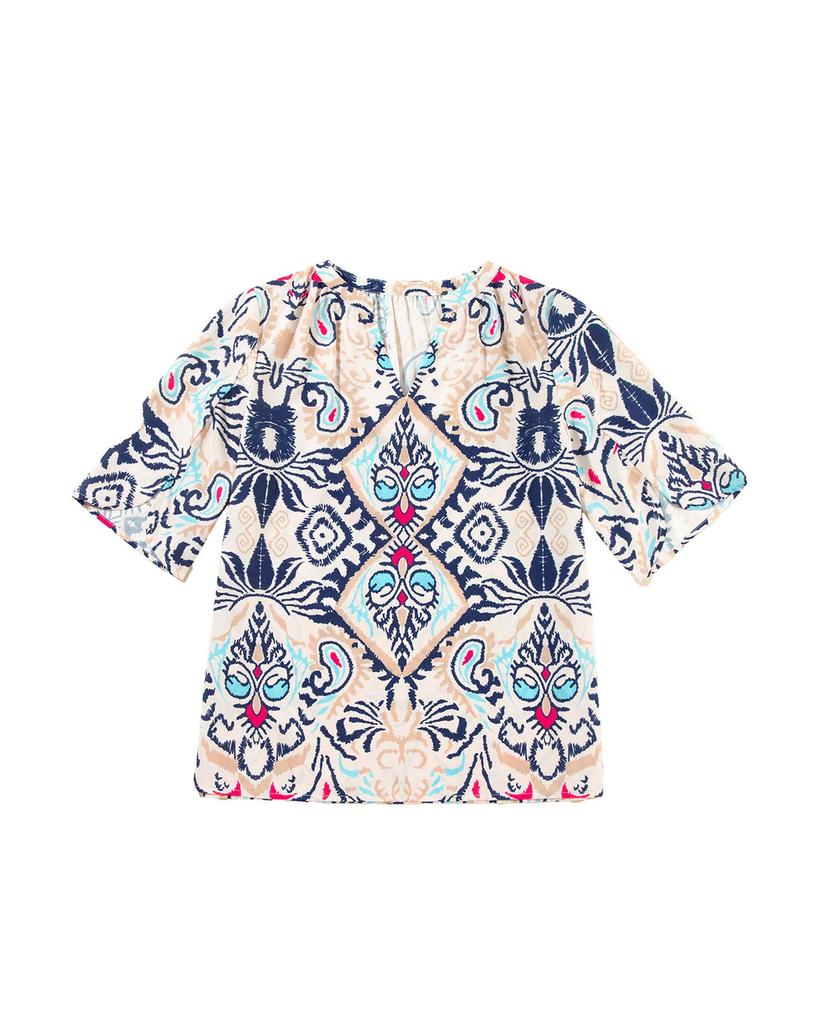 Azura Exchange White Abstract Printed Notched V Neck Split Half Sleeve Blouse