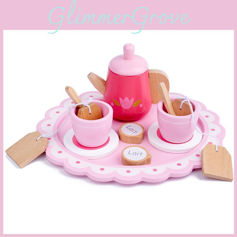 Teapot Pink Wooden Tea Cup Afternoon Tea Set Children Toy For Roleplaying