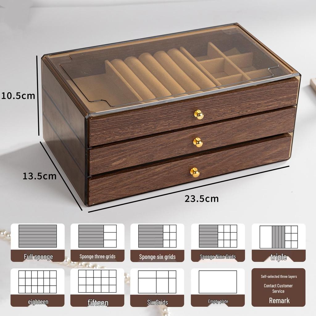 Antique Chinese Walnut Wood Multi-layer Jewelry Box with Drawers for Rings, Earrings, and Necklaces