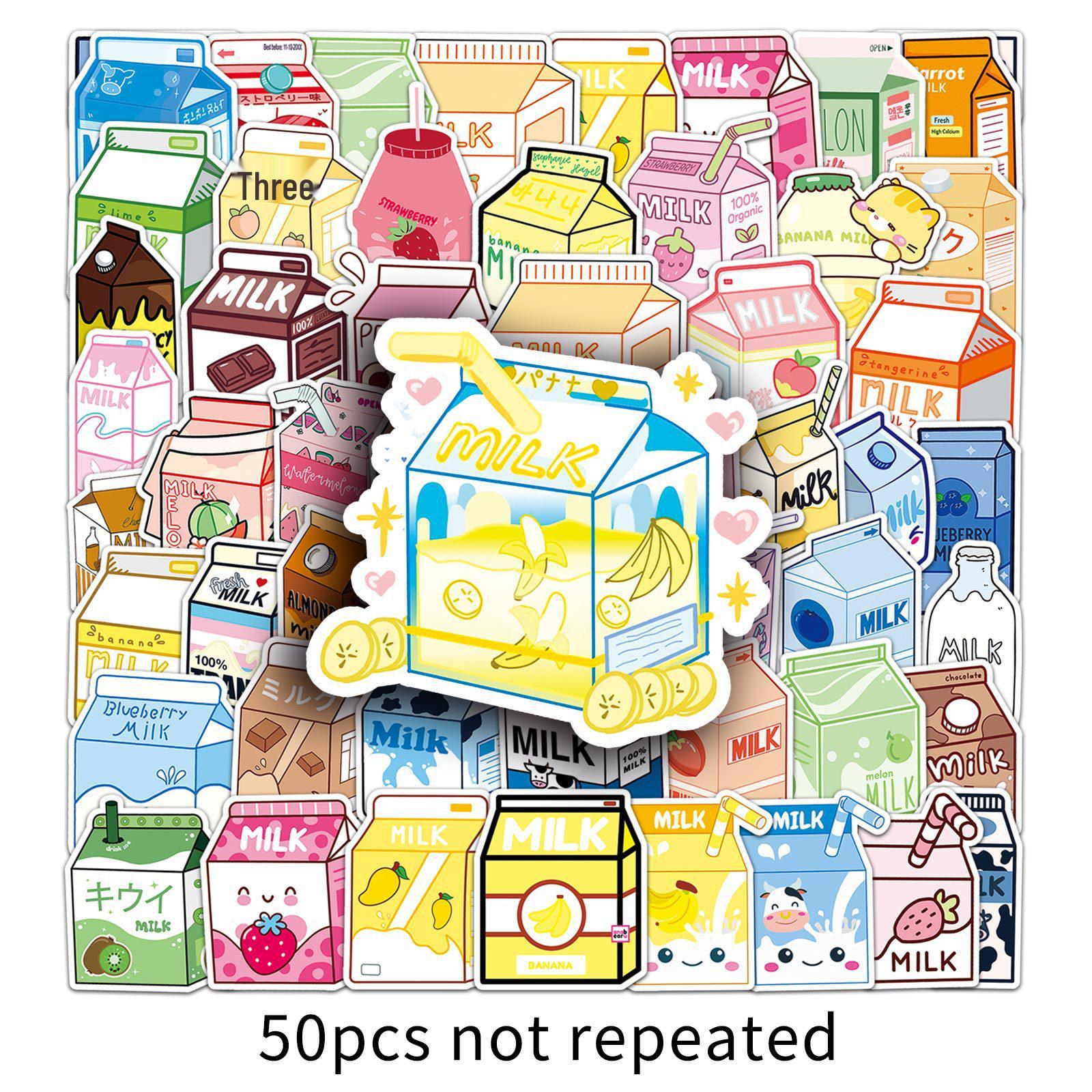 50 Milk Doodle Stickers: Cartoon Drinks & Food, Waterproof for Fridge & Journal