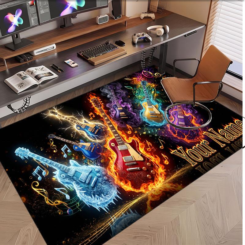 Music Guitar Theme Soft Crystal Velvet Rug Custom Name & Text Print Non Slip Floor Rug for Bedroom Living Room