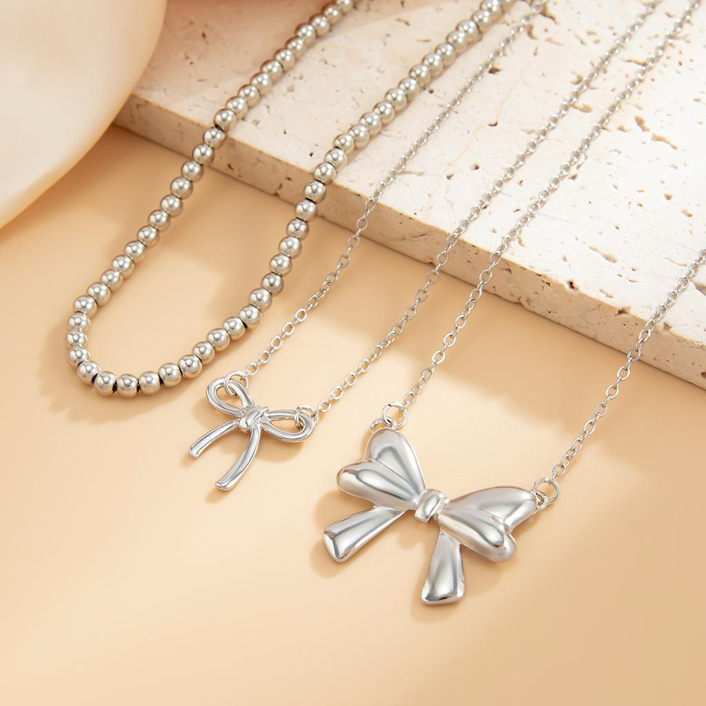 3Pcs/Set Imitation Pearl Sweet Romantic Necklace Bowknot Pendant for Women Chain Bridal Jewelry Gift