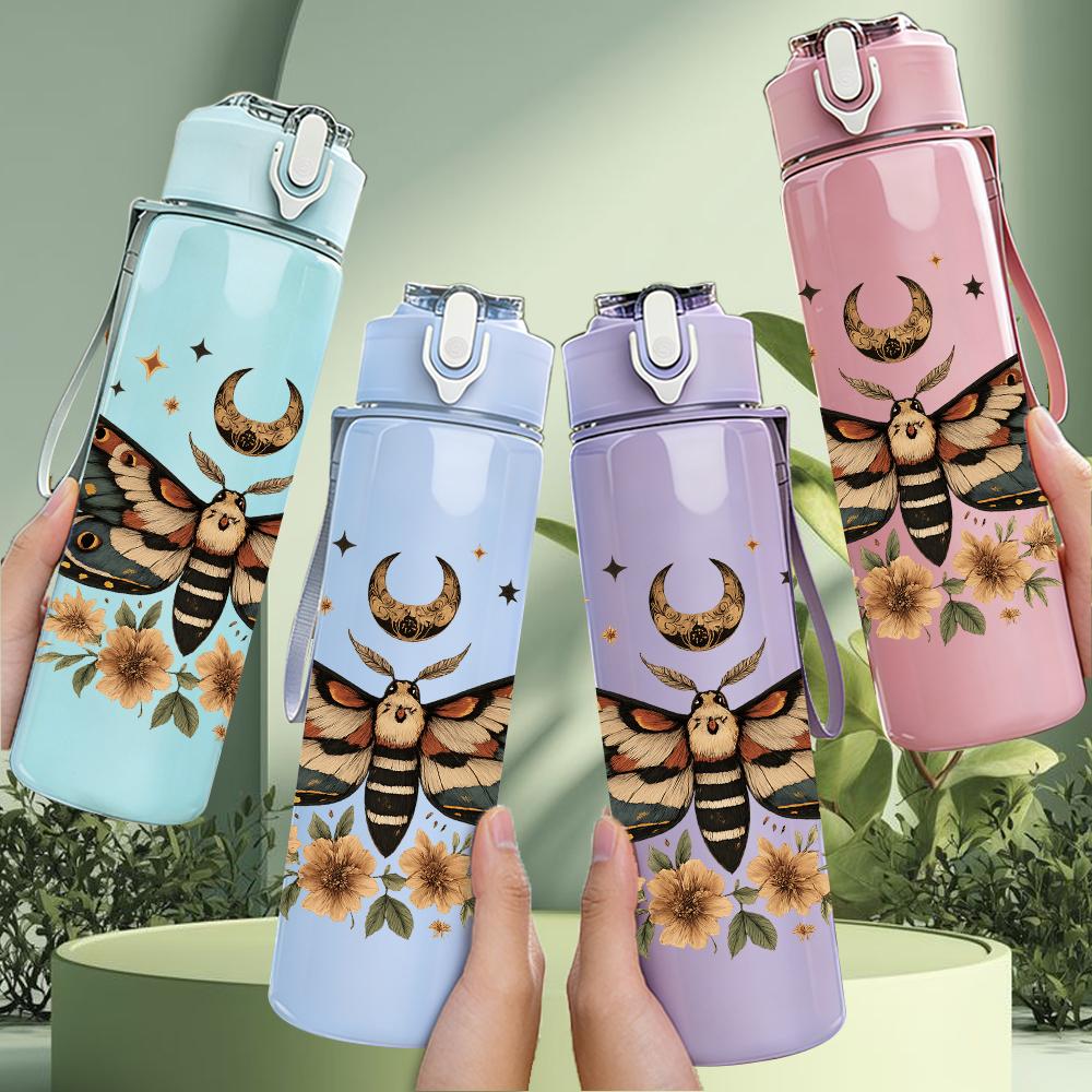 1PC Moth Sunflower Botanical Motif 750ml Color Plastic Sports Water Bottle Leakproof Flip Straw Lid For Sports Office Home Use