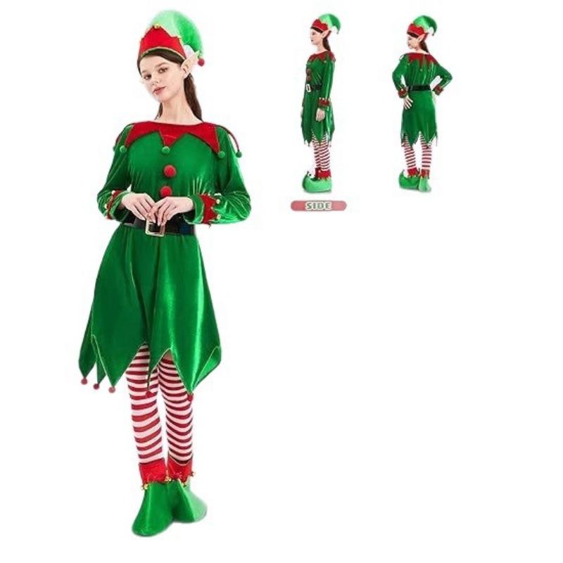 Adult Men's and Women's Christmas Elf Costume Dress Green Elf Costume Christmas Performance Costume