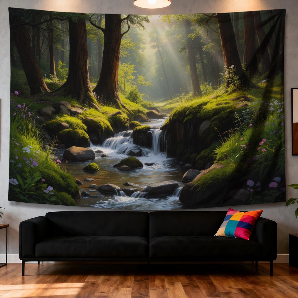 Forest Stream Scene Tapestry Sunlit Forest Waterfall Nature Landscape Polyester Fabric for Bedroom or Dorm Decor 74x94cm(29x37in)