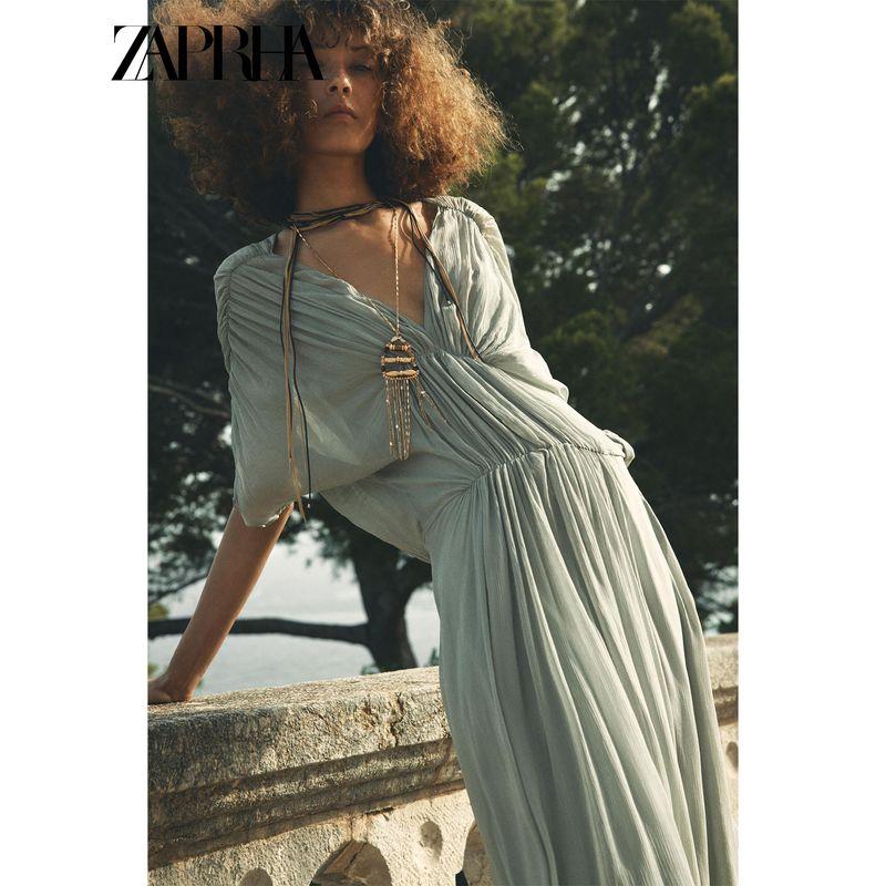 Zaprha 2025 Autumn New Fashion V-neck Pleat Dress Long Waist Hugging Slimming Temperament 2954285