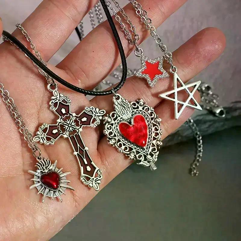 5Pcs Gothic Necklace Set For Women Halloween Jewelry Heart Bat Spider Cross Pendant Sweater Chain Trendy Daily Accessories Gift
