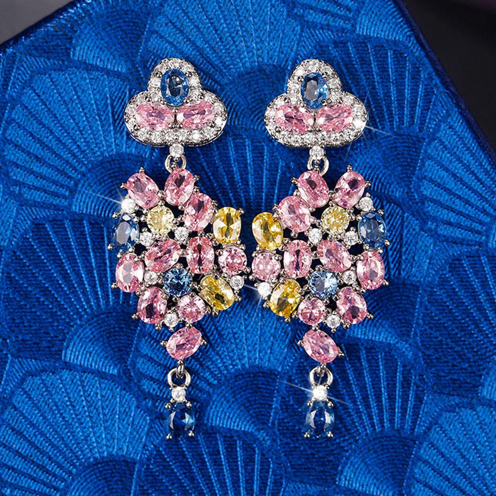 Luxurious Colorful Cubic Zircon Earrings For Wedding,Flower CZ Dangle SIlver Needle Earring For Women Pretty