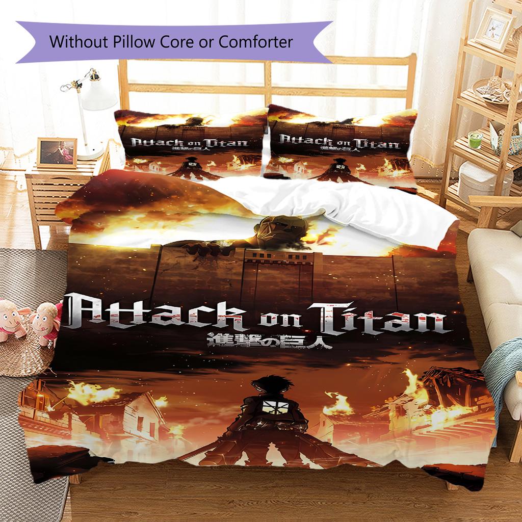 Attack on Titan Pattern Bedding,Quilt Set Quilt Cover Pillowcase Home Birthday Gift (1 * duvet cover + 2 * pillowcase, without core)