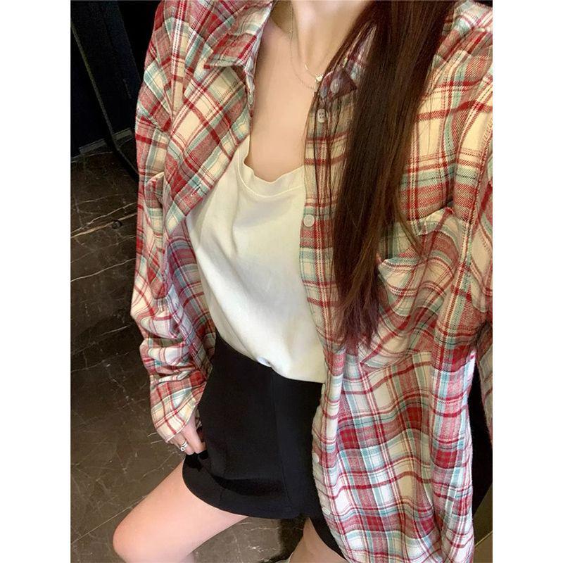 Women s Retro Plaid Long Sleeve Shirt - Casual Korean Style Outerwear for Autumn/Winter XL