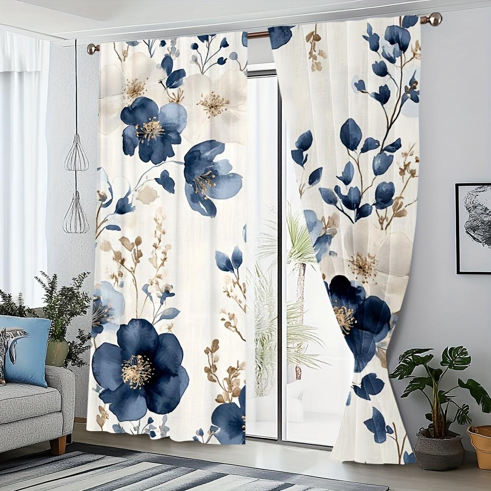 1pc Navy blue and gold floral print pattern curtains   polyester fabric   suitable for bedroom living room decoration