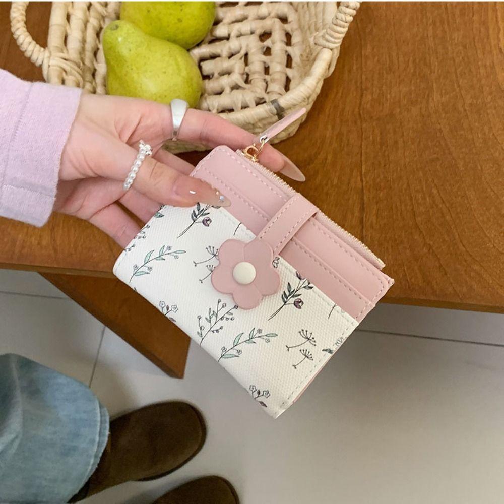 Print Flower Short Wallet Korean Style Folding Card Bag Retro PU Leather Card Holder  Outdoor