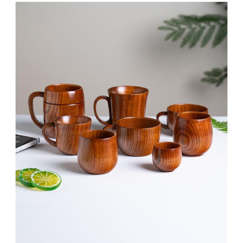 Solid Wood Water Cup Household Mug Simple Milk Cup Handle Retro Coffee Cup Breakfast Tea Cup