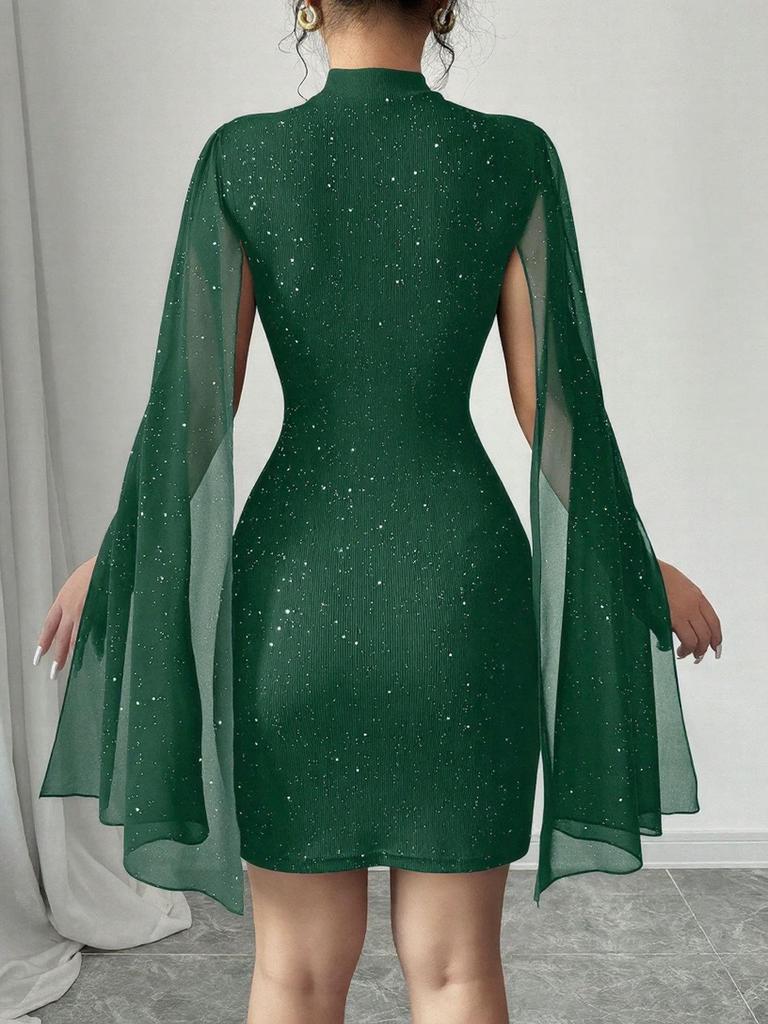 European & American Women's Ribbed Pearl Chiffon Cape Dress