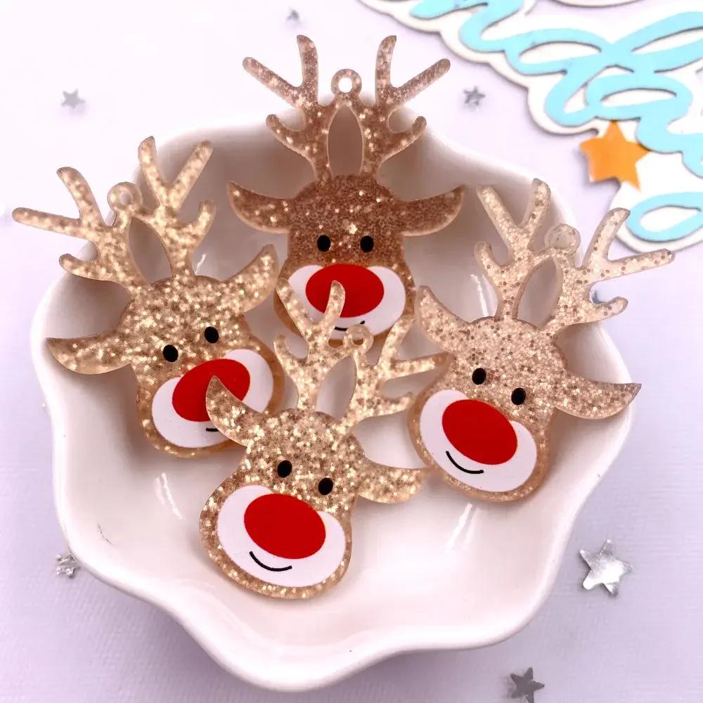 6 STÜCKE Bunt Glitzernd Goldener Weihnachts Hirschkopf Flache Rückseite Acrylplatte Miniaturmuster Applikation DIY Schmuckdekor Kunsthandwerk